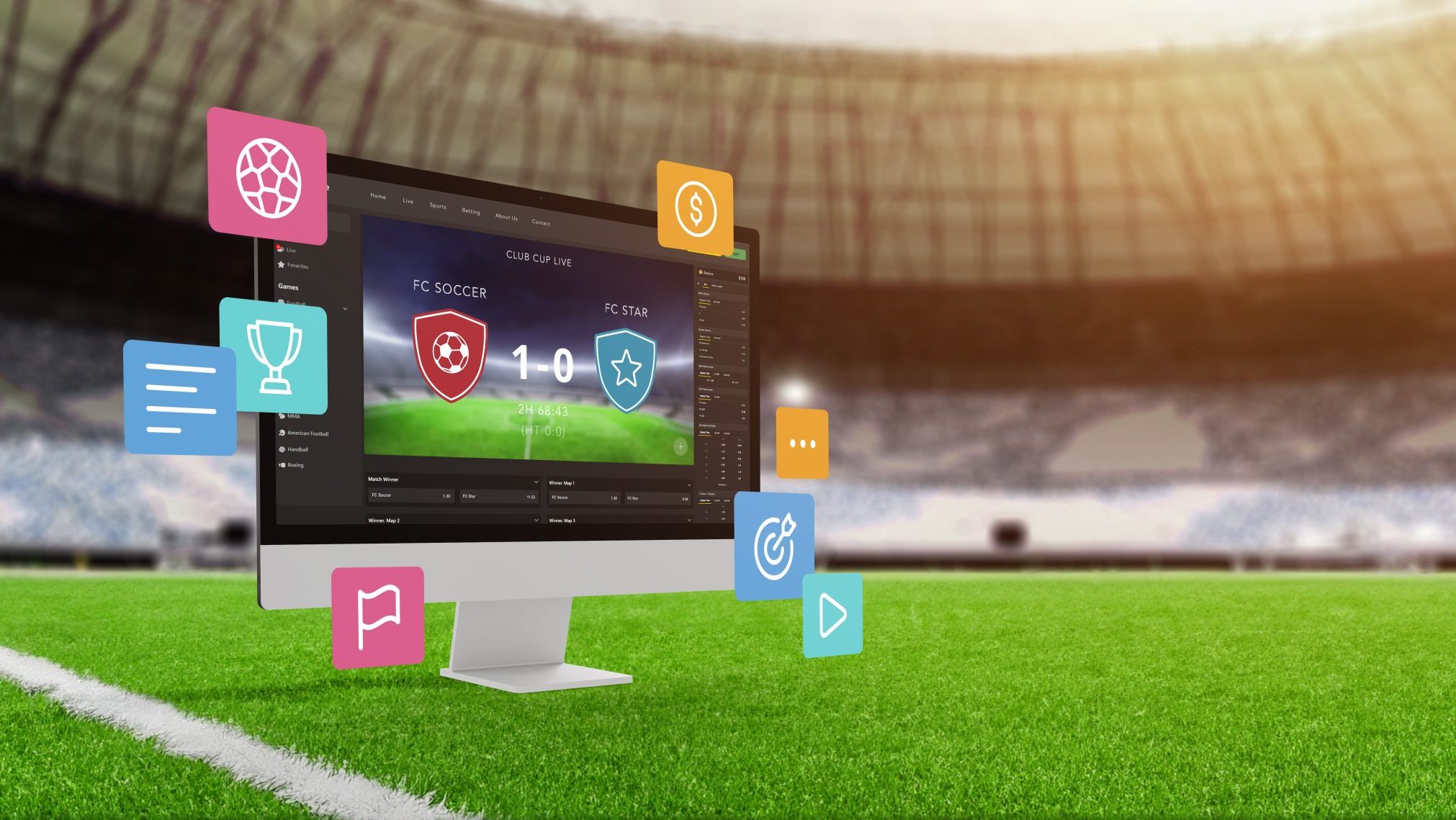 live scoreweergave stadion achtergrondconcept online wedden sportpictogrammen vliegen rond