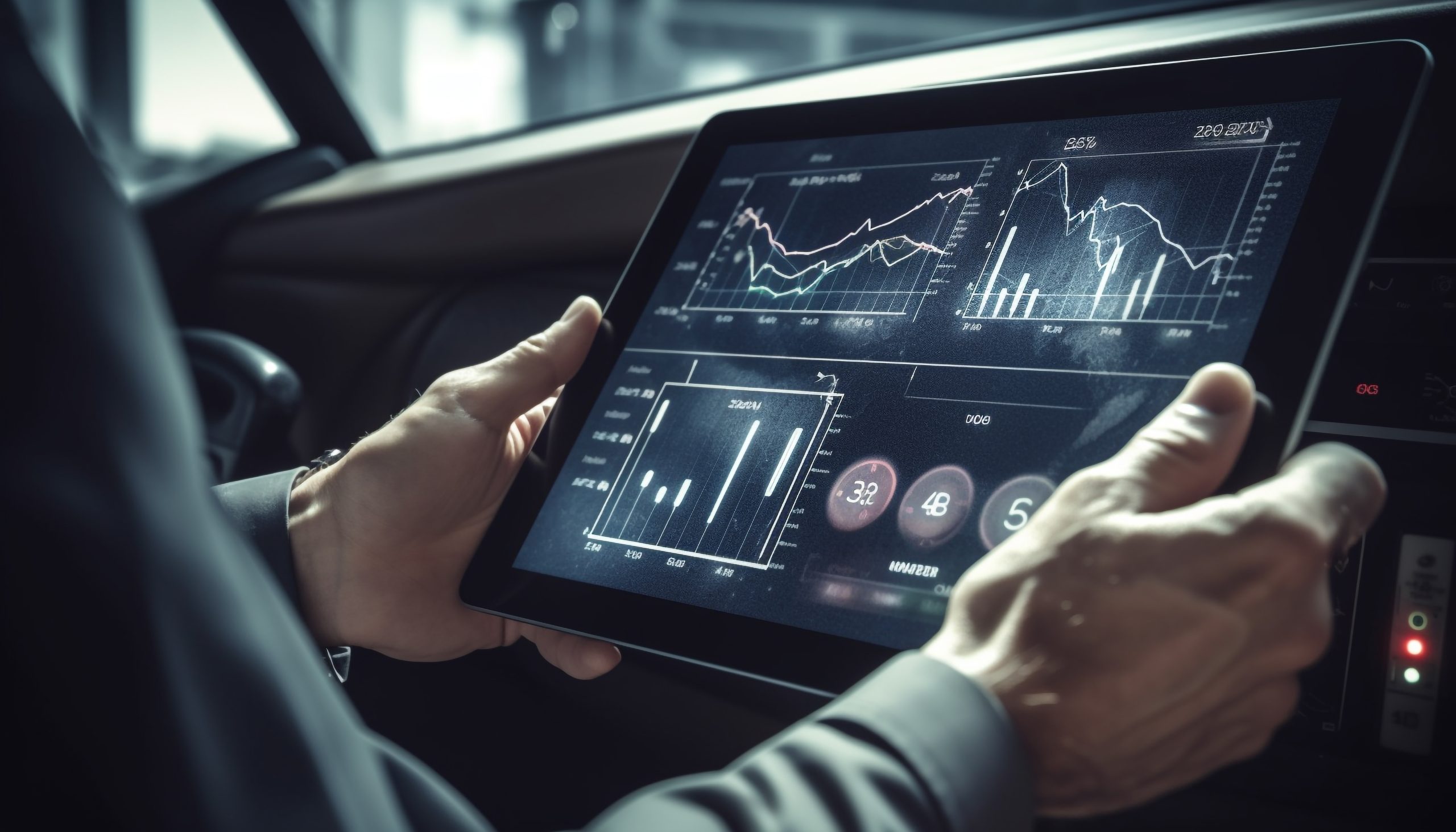 het pak van de man houdt tablet voor auto met grafiek het